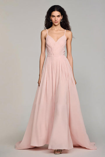 Light Pink Chiffon A Line Spaghetti Straps Long Formal Dress